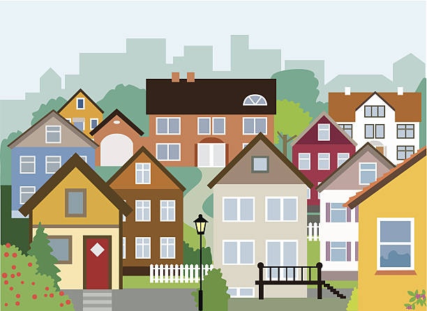 Variety of Small and Large Houses in Neighbourhood A variety of houses, small and large - could be a friendly neighbourhood or a small town anywhere in the world. Layered and easy to edit. residential district illustrations stock illustrations