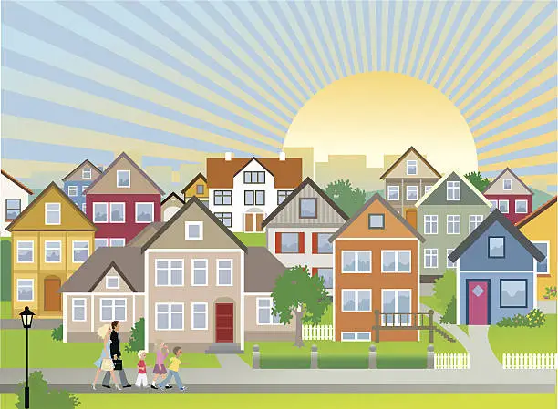 Vector illustration of Family and Children Walking Down Neighbourhood Street with Houses