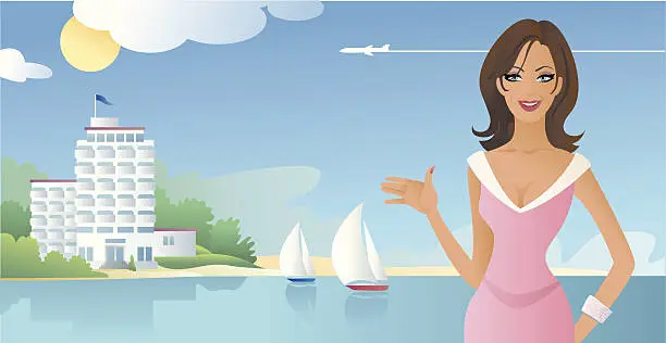 Vector illustration of Woman Presenting Beach Front Hotel with Sailboats