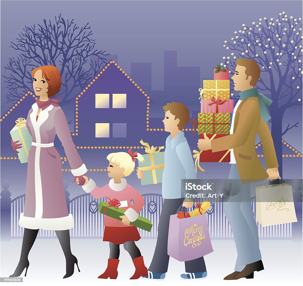 Familie Walking im Freien im Winter und hält Weihnachten Geschenke - Lizenzfrei Abenddämmerung Vektorgrafik