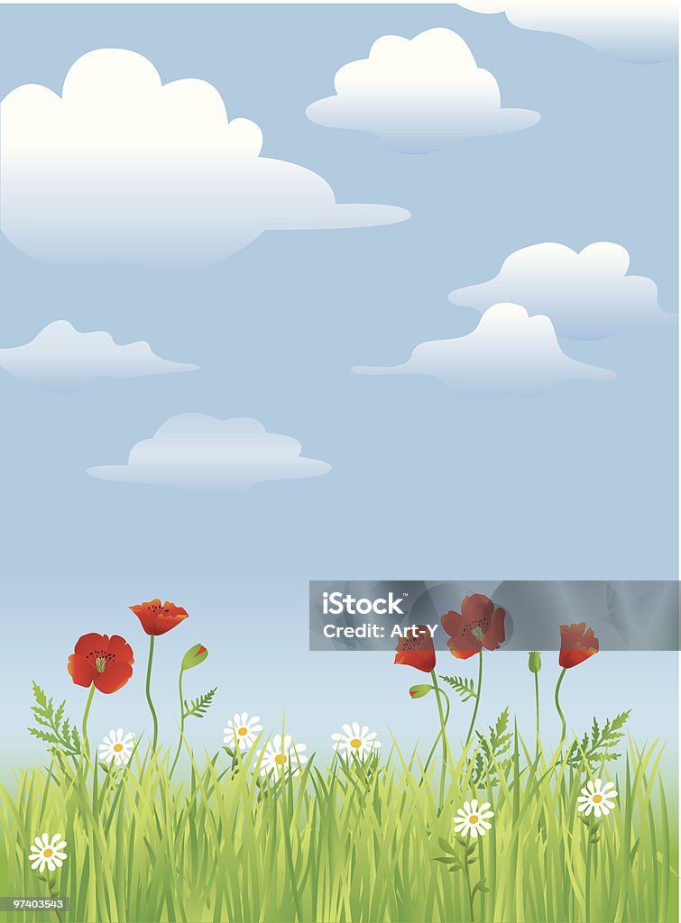 Detailed grass and flowers Springtime! Grass field with poppies and daisies under a blue sky. Agricultural Field stock vector