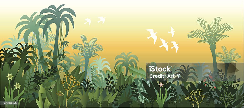 Пейзаж тропического зеленых джунглях в золотой свет - Векторная графика Темы о животных роялти-фри
