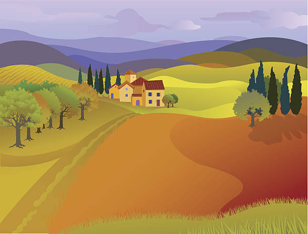 가로 하우스, 언덕, 동물들은 목초지에서 풀을 뜯고 - tuscany italy house landscape stock illustrations