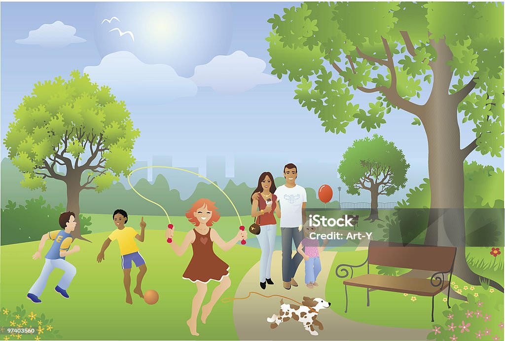 Cadre du parc animé avec des personnes jouant sur la journée ensoleillée - clipart vectoriel de Parc public libre de droits