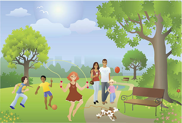 Busy Park Setting with People Playing on Sunny Day Six people in the park on a sunny afternoon. Boys playing soccer, a stray dog, a girl skipping and a young family. dog group of animals three animals happiness stock illustrations