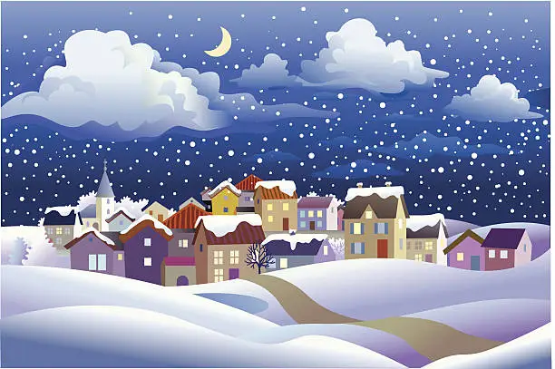 Vector illustration of Winter Landscape at Night in Small Town