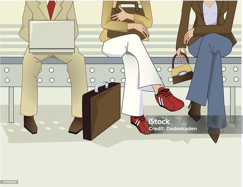 Três pessoas pernas sentado na sala de espera - Vetor de Bem vestido royalty-free