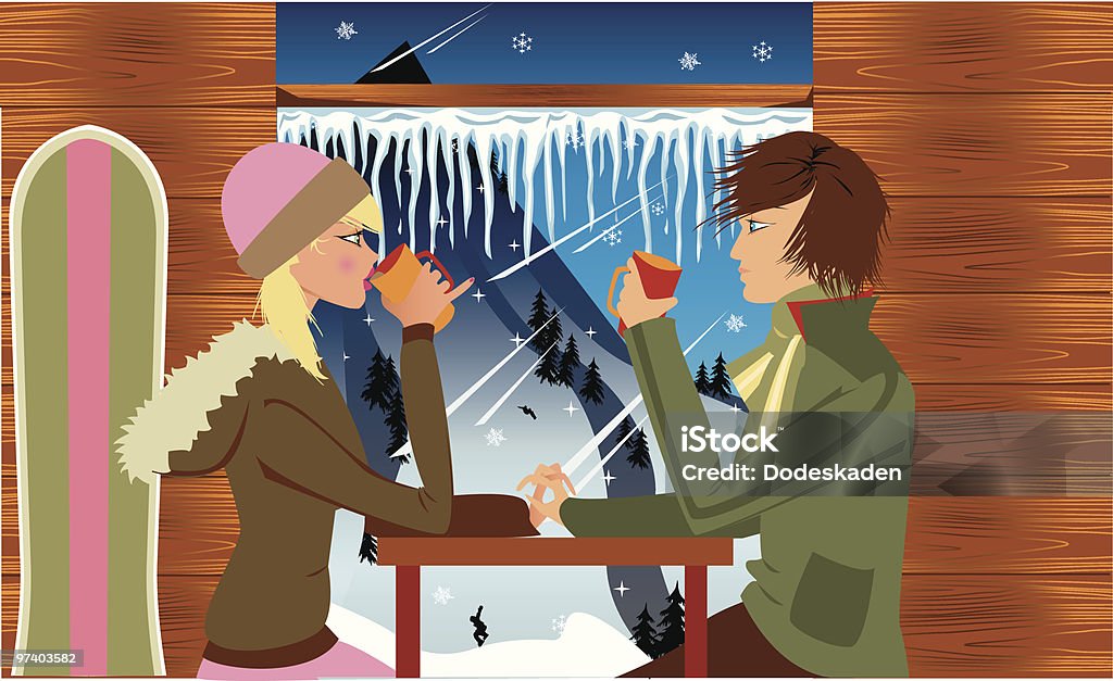 Pareja bebiendo café en el complejo turístico de esquí de contemplar Hill - arte vectorial de Invierno libre de derechos