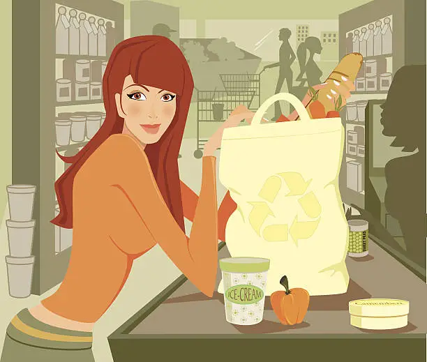 Vector illustration of Young Woman Loading Groceries Into Reusable Canvas Bag