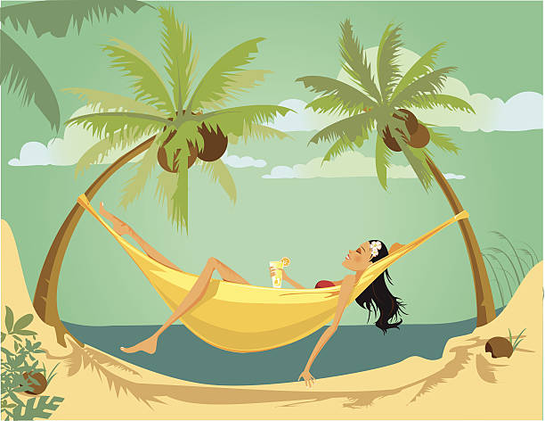 ilustrações, clipart, desenhos animados e ícones de jovem mulher deitar-se na rede entre dois coqueiros - hammock comfortable lifestyles relaxation