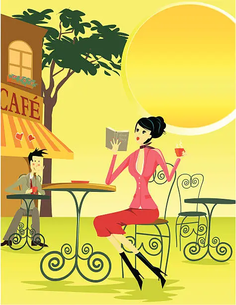 Vector illustration of Man Admiring Woman Across Tables at Cafe