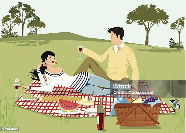 Young Couple Having Picnic In Park Stock Illustration - Download Image Now - Picnic, Wine, Grass