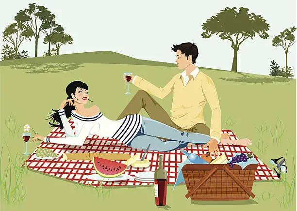 Vector illustration of Young Couple Having Picnic in Park