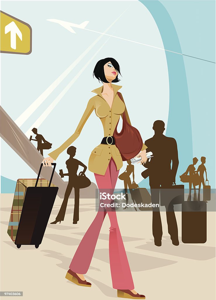 Giovane donna a piedi attraverso aeroporto con bagaglio Rolling - arte vettoriale royalty-free di Illustrazione