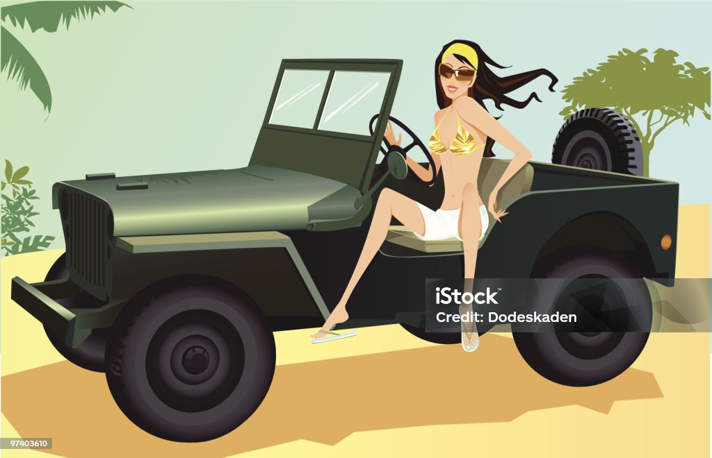 Młoda kobieta w Bikini jazdy samochodem 4 x 4 - Grafika wektorowa royalty-free (4x4)