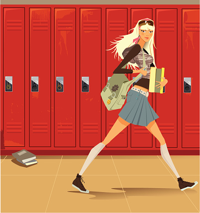 Female Student Walking Through Hallway with Lockers