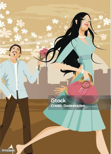 Young Man Holding Flowers Out For Woman Walking By Stock Illustration - Download Image Now - Couple - Relationship, Flower, Beautiful Woman