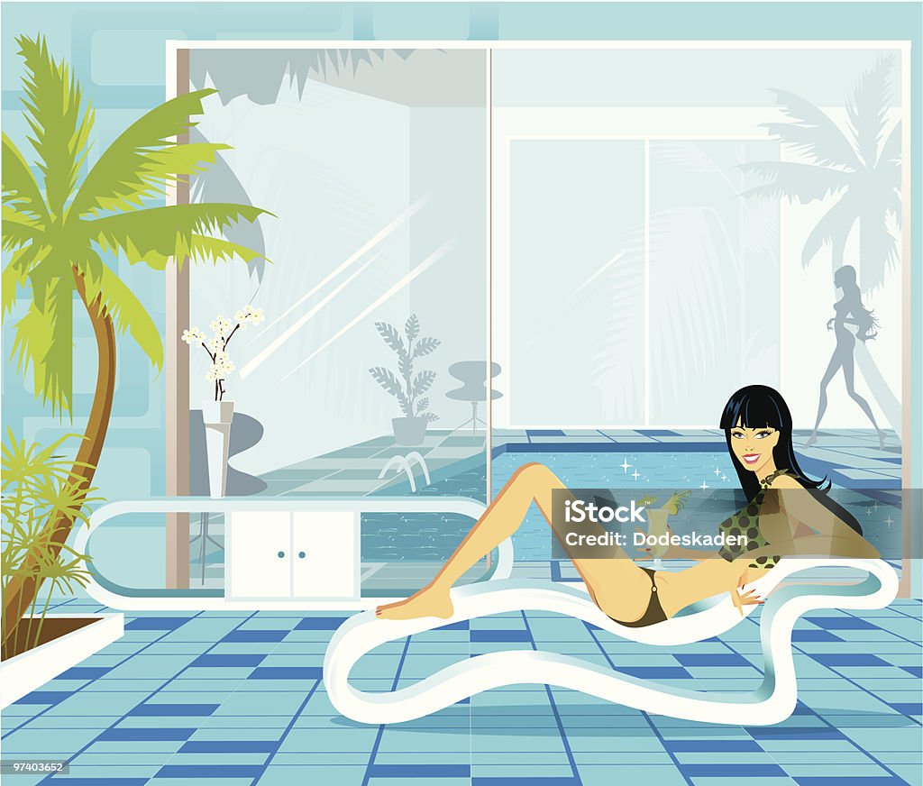 Young Woman Relaxing by Indoor Swimming Pool Illustration of a girl relaxing by an indoor swimming pool while having some cocktails in a exquisite surrounding.

Illustration, 300 dpi, 10 x 8.5 inch
EPS, AI, AI-CS2 (vector), JPEG (High, medium and low resolution) included
 Illustration stock vector