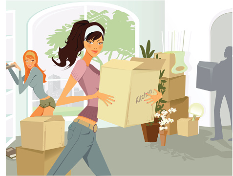 Illustration of a girl moving in her new apartment.some friend are helping her in the process.