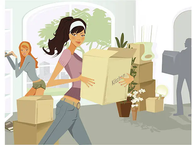 Vector illustration of Young Woman Carrying Moving Boxes into Apartment