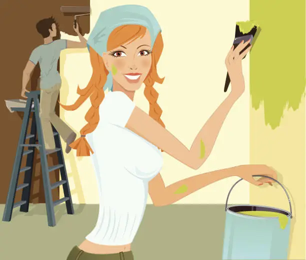 Vector illustration of Young Woman Painting Walls of Room with Man in Background