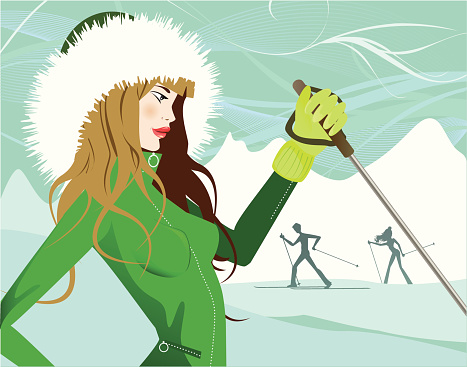Illustration of a fashionable young woman cross-country skiing in a ski resort.
