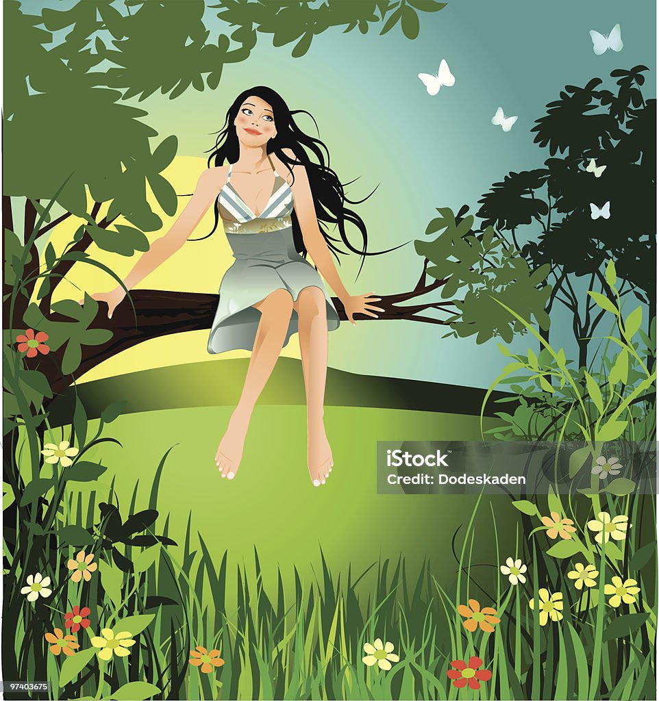 Femme assise sur une agence dans le champ avec des papillons et fleurs - clipart vectoriel de Image dépouillée libre de droits