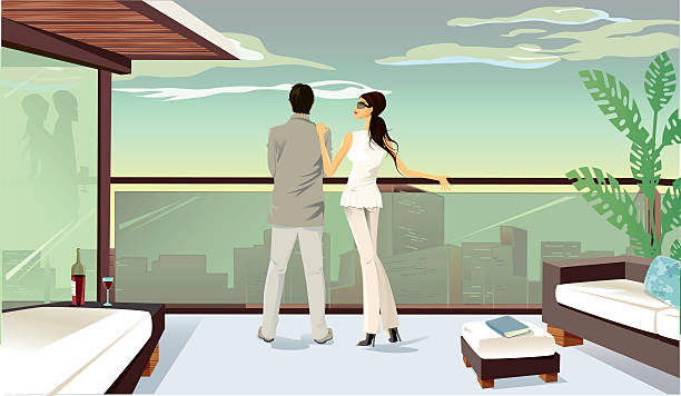 junges paar über balkon auf die stadt - balkon stock-grafiken, -clipart, -cartoons und -symbole