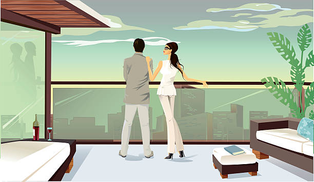 illustrazioni stock, clip art, cartoni animati e icone di tendenza di giovane coppia guardando oltre balcone in città - mid adult men illustrations