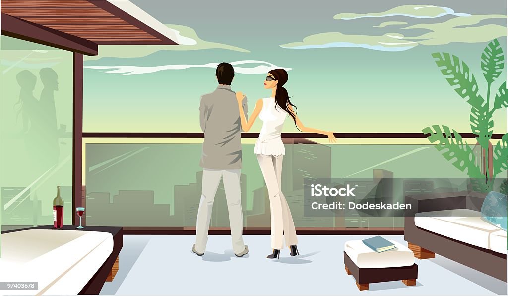 Młoda para Patrząc na balkon na miasto - Grafika wektorowa royalty-free (Luksus)