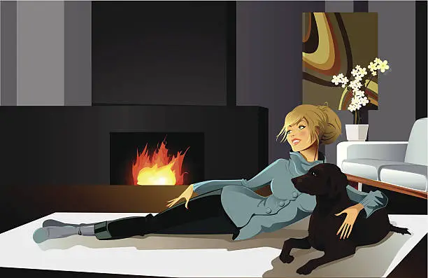 Vector illustration of Young Woman Lying on Floor Near Fireplace with Dog