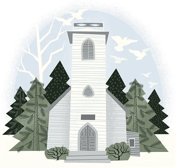 Vector illustration of Art Deco Wedding Chapel with Doves Flying