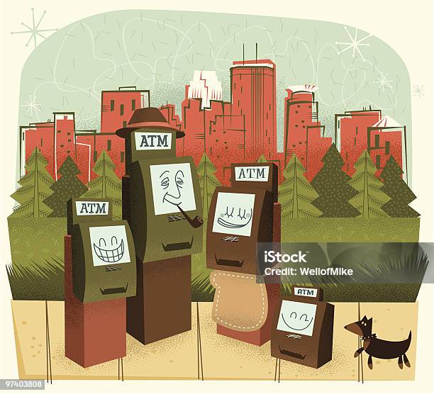 Atm Family On Sidewalk In Minneapolis Stock Illustration - Download Image Now - ATM, Animal Themes, Anthropomorphic Face