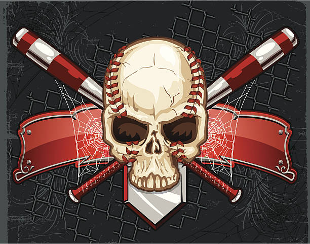 schädel und überqueren sie die bats - skull baseball ball stock-grafiken, -clipart, -cartoons und -symbole