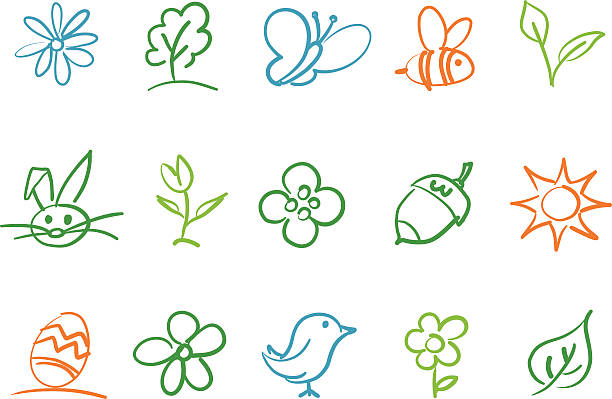 ilustraciones, imágenes clip art, dibujos animados e iconos de stock de iconos de resorte - flower single flower leaf tree