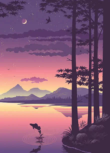 Vector illustration of Tranquil lake sunset
