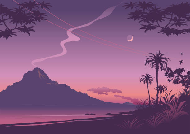 ilustraciones, imágenes clip art, dibujos animados e iconos de stock de puesta de sol tropical - volcano