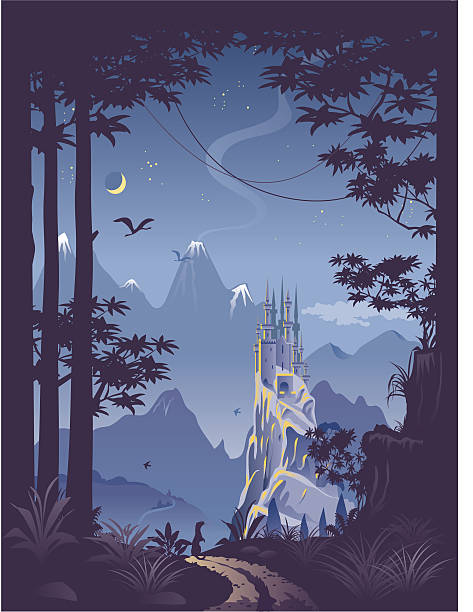 fantasy landscape with castle on hill - 怪異 插圖 幅插畫檔、美工圖案、卡通及圖標