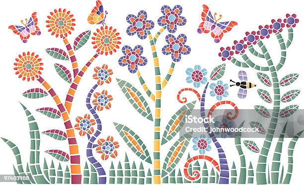 Мозаика Сад — стоковая векторная графика и другие изображения на тему Мозаика - Мозаика, Цветок, Бабочка