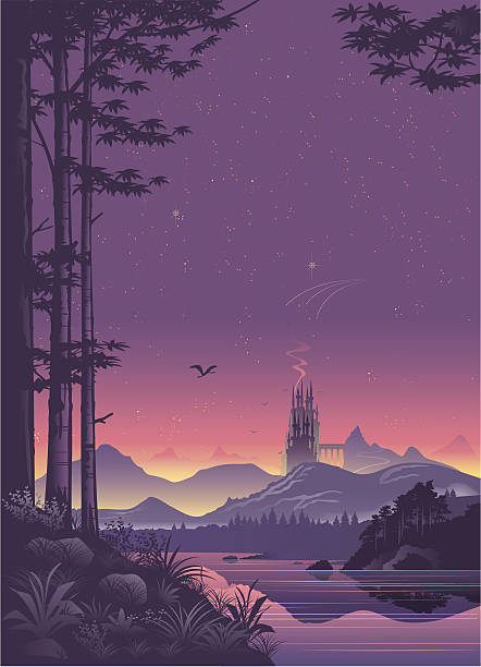 odległy city pejzaż o zachodzie słońca - castle fairy tale palace forest stock illustrations