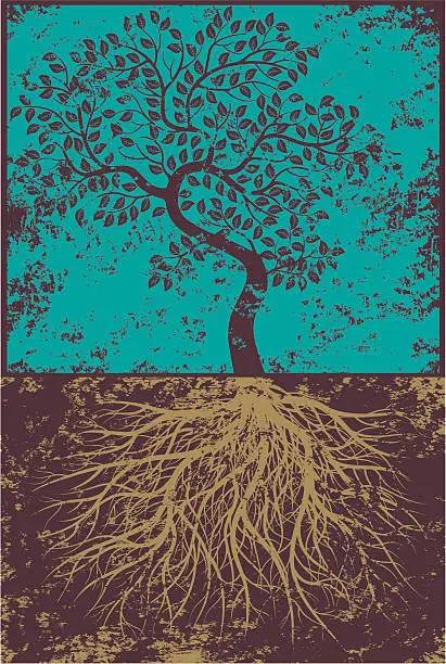 Vector illustration of Grunge bent tree and roots