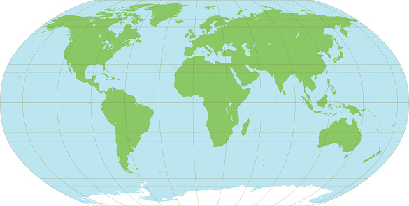 An accurate map of the world, on 8 layers to aid editing. The map includes longitude at 30 degree intervals and major latitude lines such as the equator, the tropics and arctic and antarctic circles.