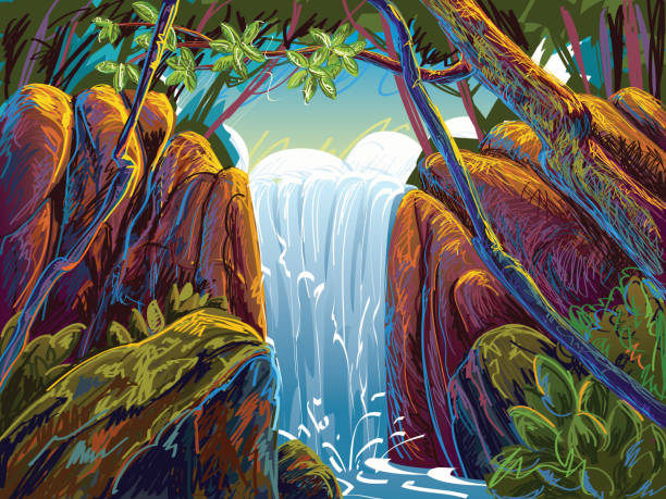 красивый водопад - clip art waterfall tree illustration and painting stock illustrations