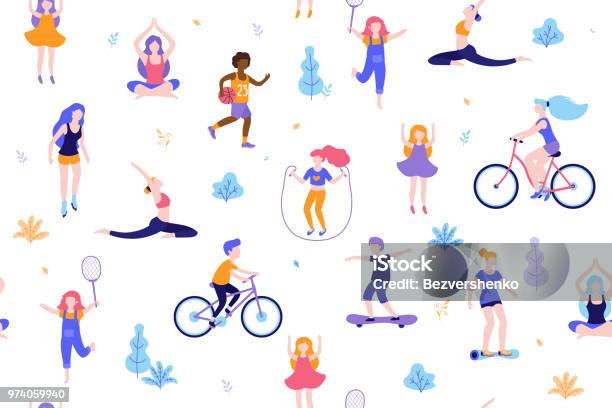 Menschen Im Park Musterdesign Weißen Hintergrund Kinder Aktivitäten Und Sport Im Freien Flaches Design Vektorillustration Frauen Machen Yoga Stretching Fitness Außen Isoliert Stock Vektor Art und mehr Bilder von Kind