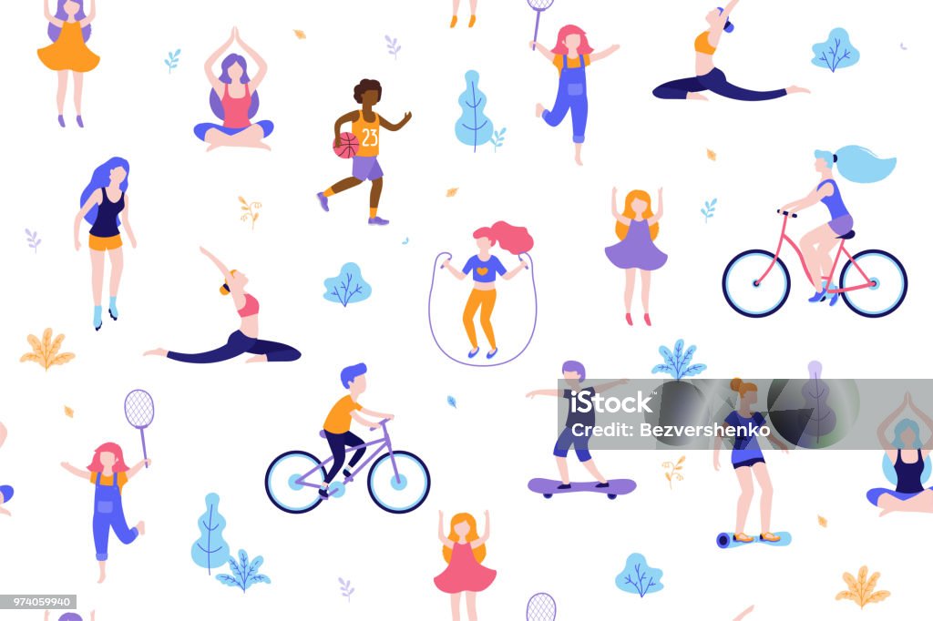 Personas en el parque sin fisuras patrón de fondo blanco. Los niños realizando actividades y deportes al aire libre diseño plano vector ilustración. Mujeres haciendo yoga, estiramientos, fitness exterior aislada. - arte vectorial de Niño libre de derechos