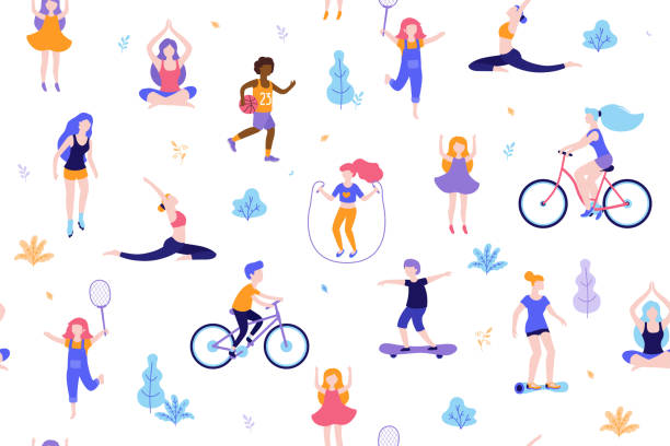 People in the park seamless pattern white background. Children doing activities and sports outdoor flat design vector illustration. Women doing yoga, stretching, fitness outside isolated
