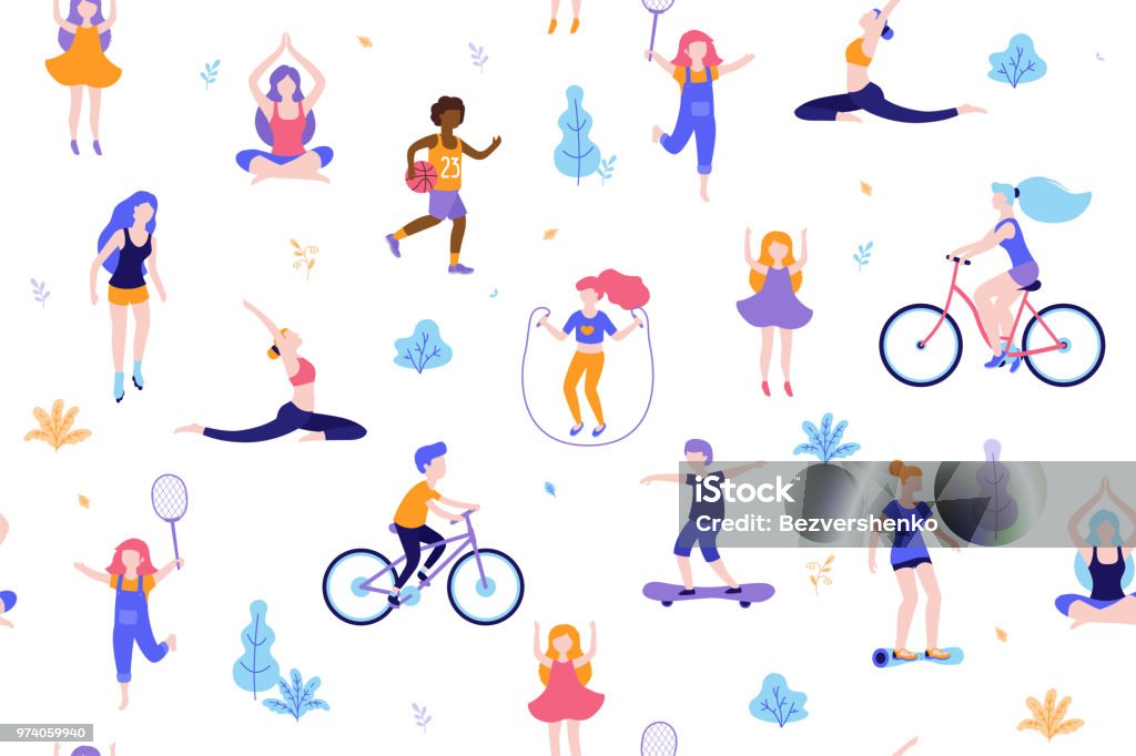 People in the park seamless pattern white background. Children doing activities and sports outdoor flat design vector illustration. Women doing yoga, stretching, fitness outside isolated. People in the park seamless pattern white background. Children doing activities and sports outdoor flat design vector illustration. Women doing yoga, stretching, fitness outside isolated Child stock vector