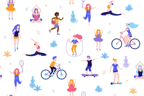 People in the park seamless pattern white background. Children doing activities and sports outdoor flat design vector illustration. Women doing yoga, stretching, fitness outside isolated. People in the park seamless pattern white background. Children doing activities and sports outdoor flat design vector illustration. Women doing yoga, stretching, fitness outside isolated recreational pursuit illustrations stock illustrations