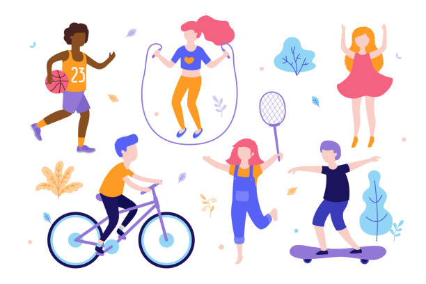 ilustrações, clipart, desenhos animados e ícones de atividades de crianças. conjunto de crianças fazendo esportes, a bicicleta, jogando basquete, corrida, saltos, patinar poses diferentes. esportes outdoods vector plana ilustração isolado no fundo branco - tennis child white background sport