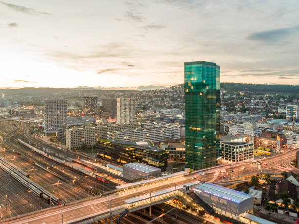 Aerial view of Zurich Hardbrücke, Prime Tower, Panorama The aerial photograph shows the Hardbrücke from above. Produced with the DJI Phantom 4 Pro. Beautiful evening sun urban environment. zurich photos stock pictures, royalty-free photos & images